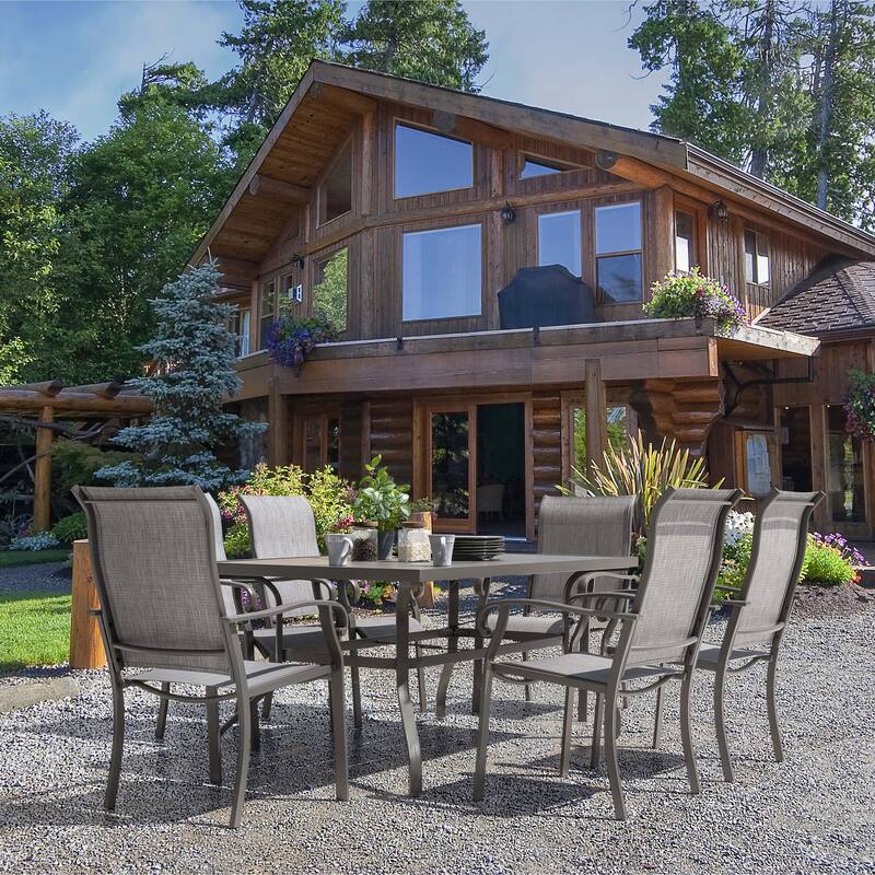 7-Piece Outdoor Patio Dining Set, 61" Long Iron Table, 6 Textilene Chairs