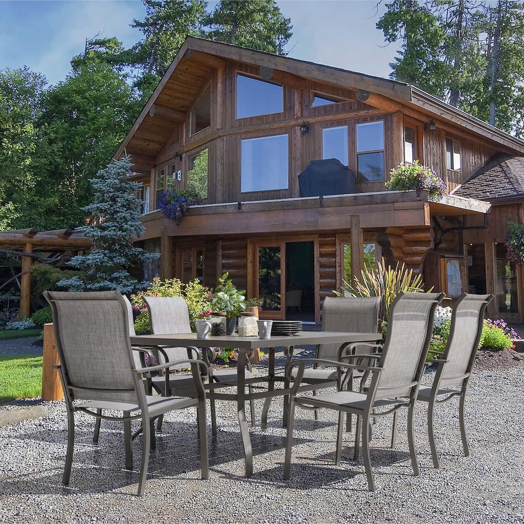 7-Piece Outdoor Patio Dining Set, 61" Long Iron Table, 6 Textilene Chairs