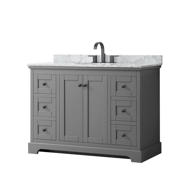 Wyndham Collection Avery 48" Free Standing Single Basin Vanity Set - Dark Gray / White Carrara Marble Top / Matte Black - Steel Finish