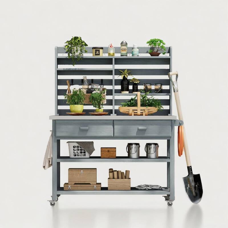 64.9"H Outdoor Potting Table with Lockable Wheels,Solid Wood Kitchen Island with Upper Hutch,Stainless Steel Top,Towel Rack