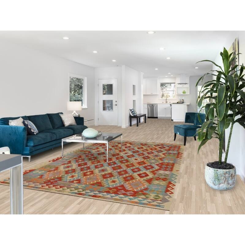 Hand Woven Oriental 100% Wool Carpet Southwestern All-Over Oranges & Rust Kilim Area Rug - 9' 10'' X 6' 5''