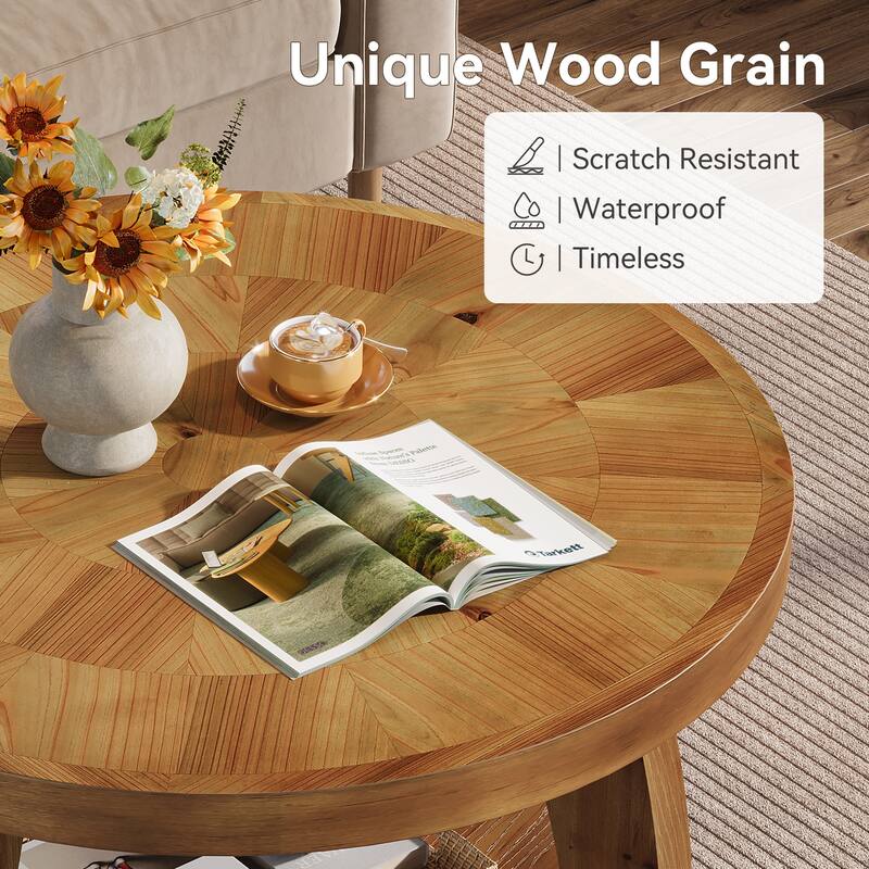 31.5 Inch Round Solid Wood Coffee Table with Storage Shelf for Living Room - 31.5"D x 31.5"W x 19.7"H