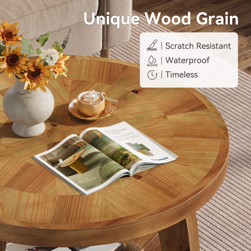 31.5 Inch Solid Wood Round Coffee Table with Storage