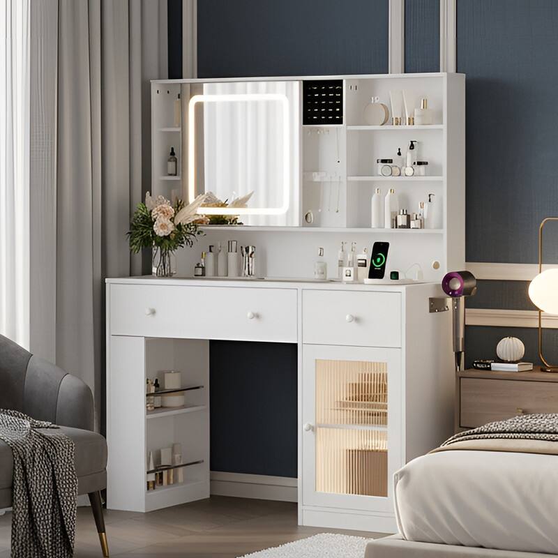 Particle Board Veneered , 2 Drawers, 1 Glass Door, Left and Right 2-tier Shelves, Glass Tabletop, Dressing Table - N/A