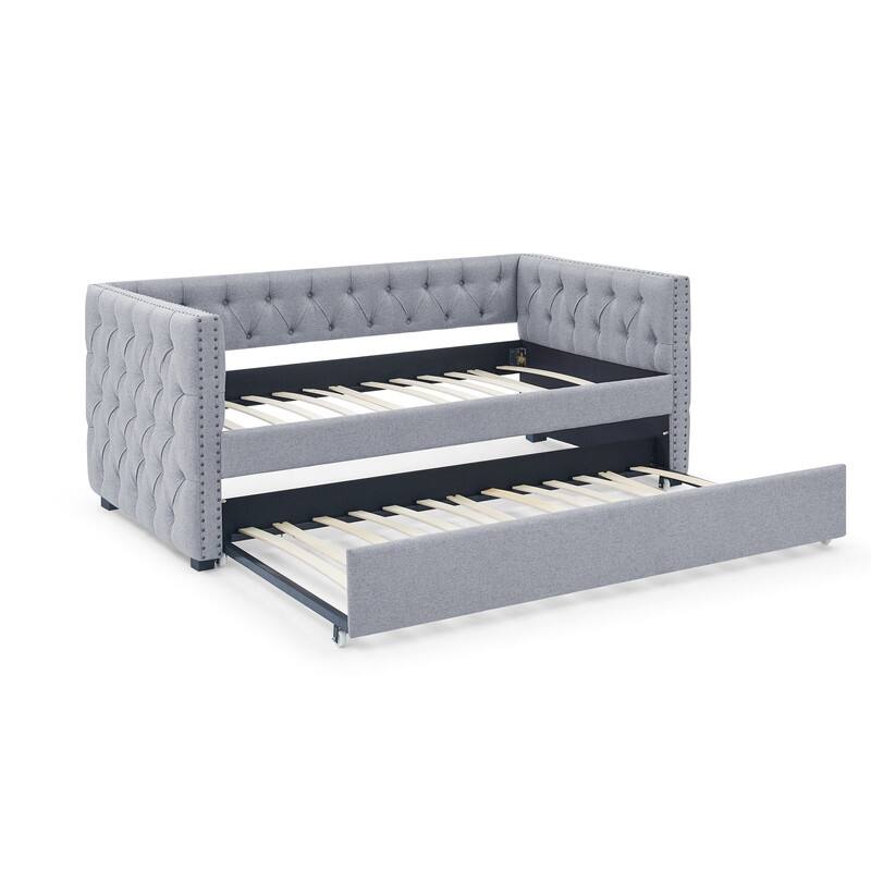 Daybed with Trundle Upholstered Tufted Sofa Bed with Button and Copper Nail on Square Arms