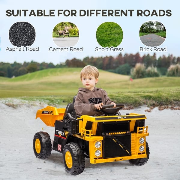slide 2 of 9, 12V Ride on Car with Electric Dump Bed and Extra Shovel - Yellow Yellow