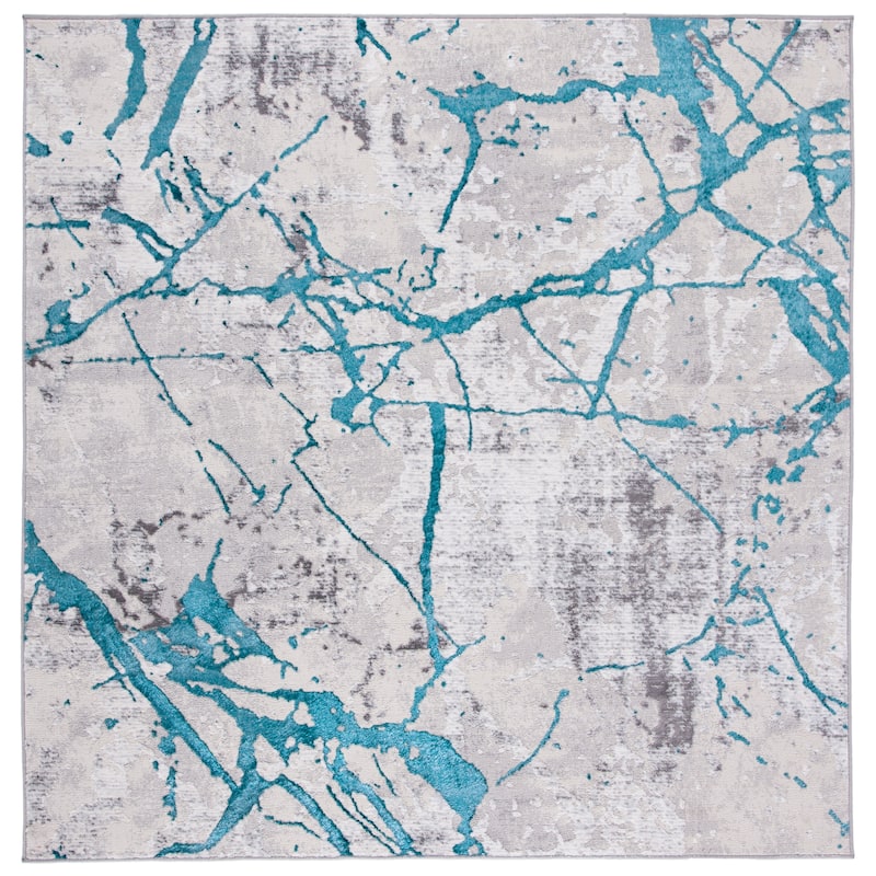 SAFAVIEH Amelia Fietje Modern Abstract Distressed Rug - 6'7" Square - Grey/Aqua