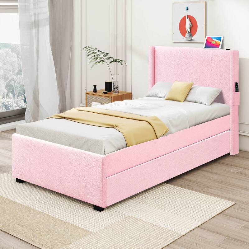 Twin SIZE UPHOLSTERED BED FRAME WITH TRUNDLE BED, TEDDY FABRIC, USB FUNCTIONALITY, AND A POCKET DESIGN ON THE SIDE - Pink