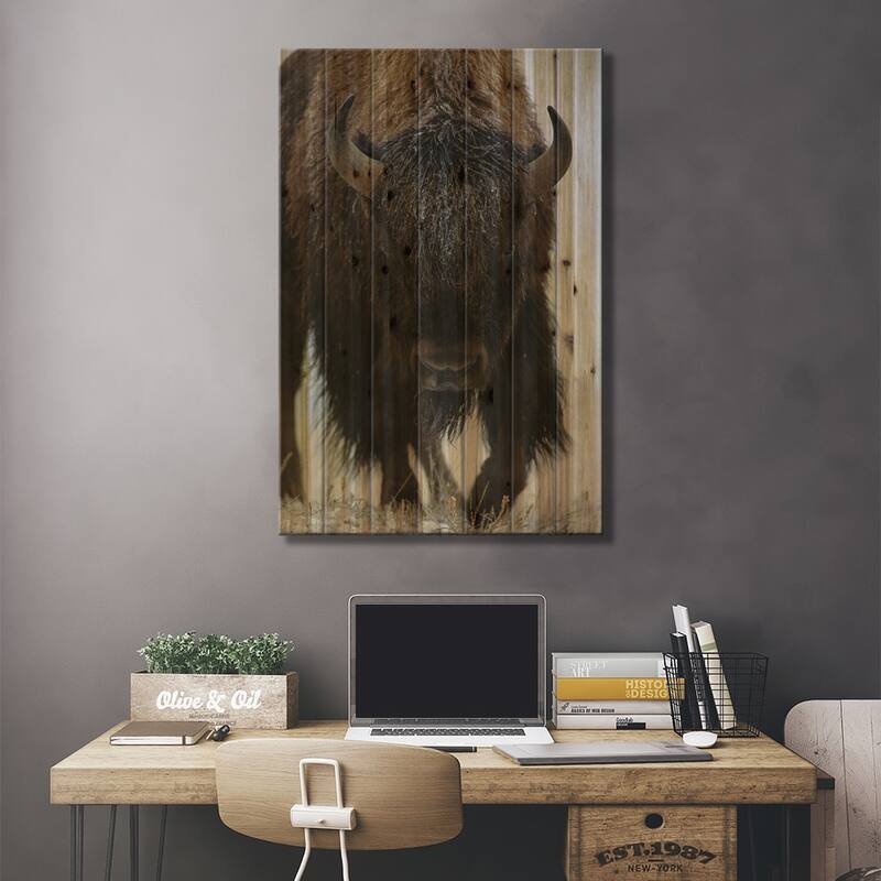 American Bison In Snow, North America Print On Wood by Tim Fitzharris - Multi-Color