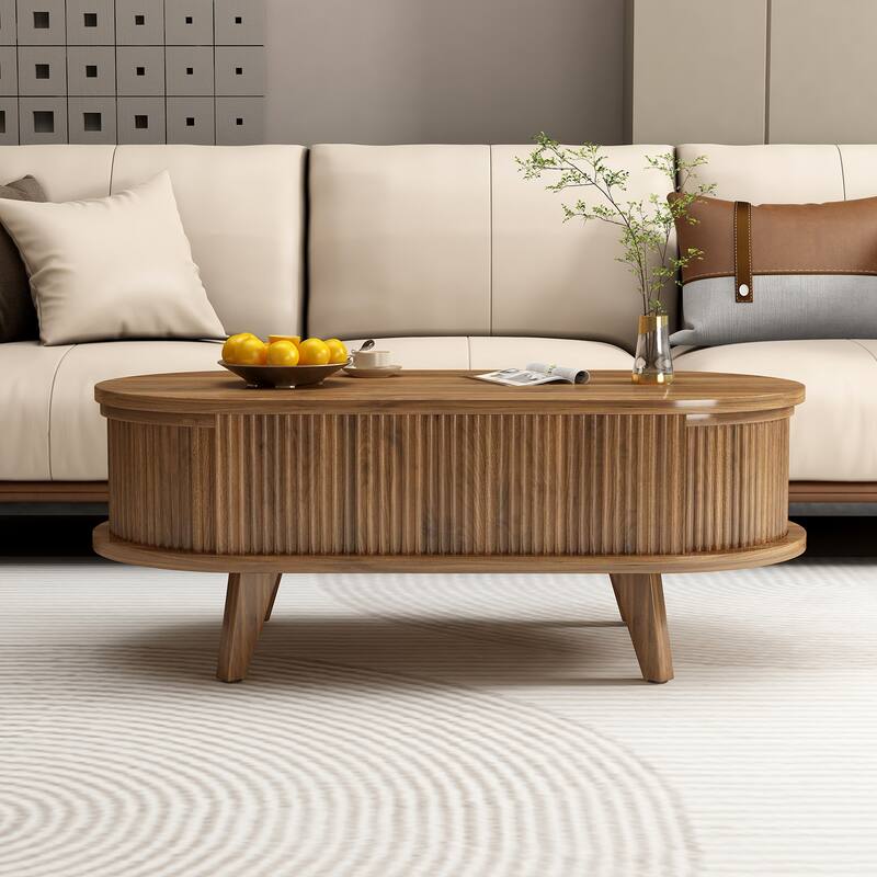 Fluted Lift Top Coffee Table with Hidden Compartment, Wooden Center Table, Modern Oval Lift Tabletop for Home Living Room