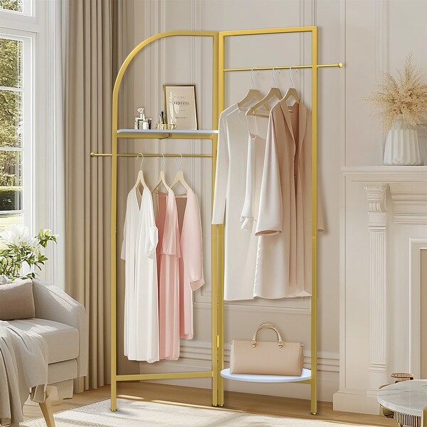 Freestanding Corner Clothes Stand Metal Coat Rack w/Shelves for