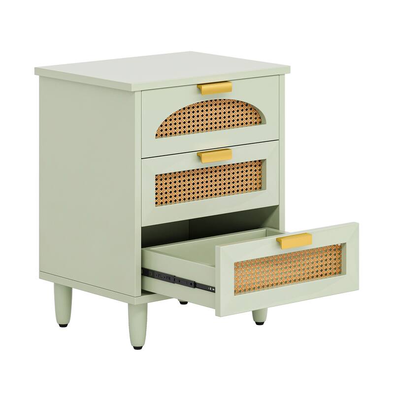 Wood/ Rattan Nightstand Bedside Table with 3-drawer