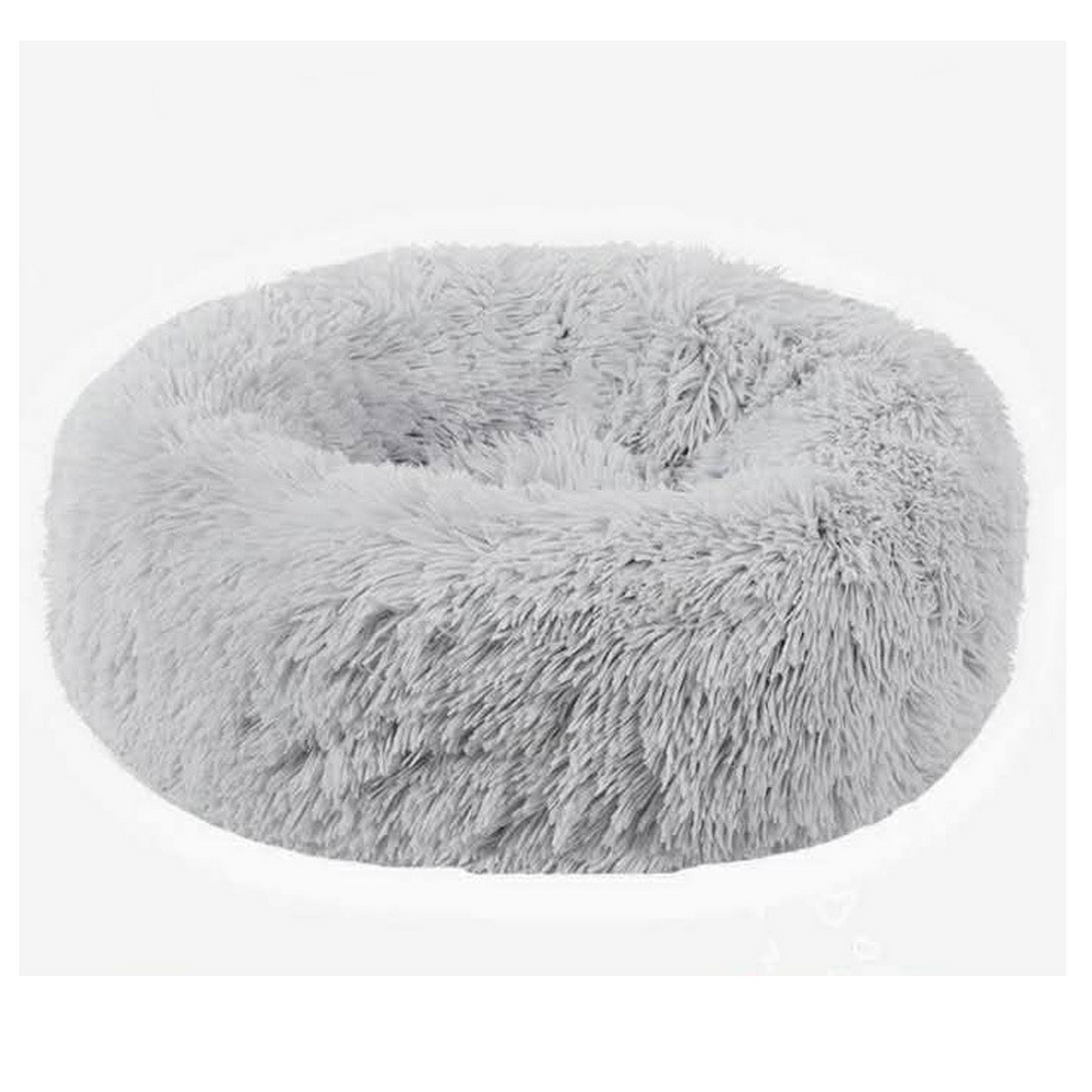 grey fluffy dog bed