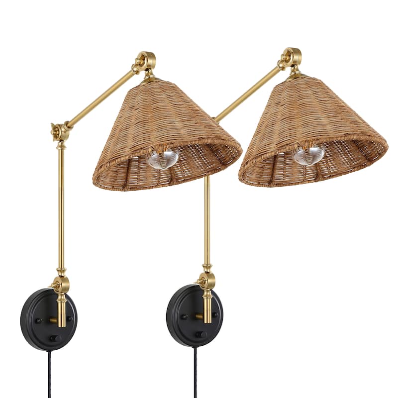 WINGBO Gold Rattan Swing Arm Wall Lamp Set of 2 Adjustable Wall Mounted Sconce - N/A