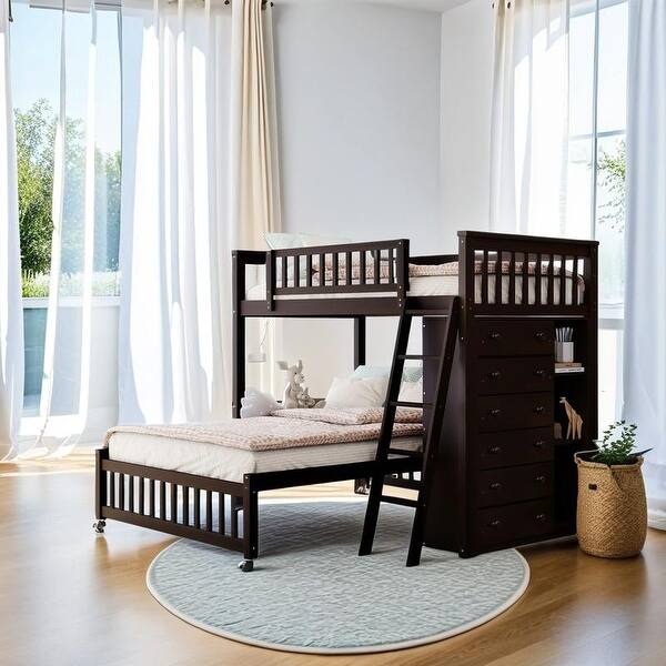 slide 2 of 16, Elegant Wooden Twin Over Full Bunk Bed With Six Drawers And Flexible Shelves, Bottom Bed With Wheels, Space-saving, Espresso Espresso