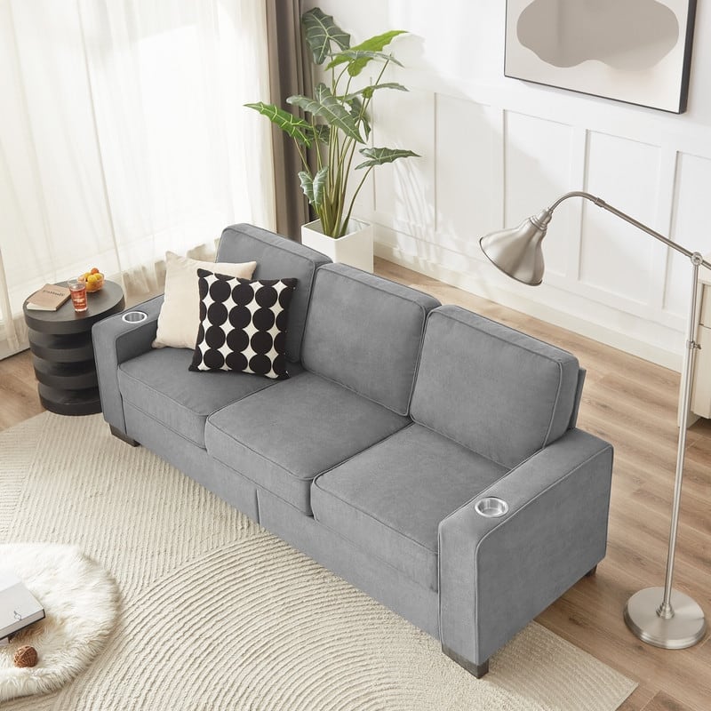 83.86" Modern 3-Seat Snowfleece Sofa - Expandable Couch with Cup Holders for Living Room, Bedroom, Office