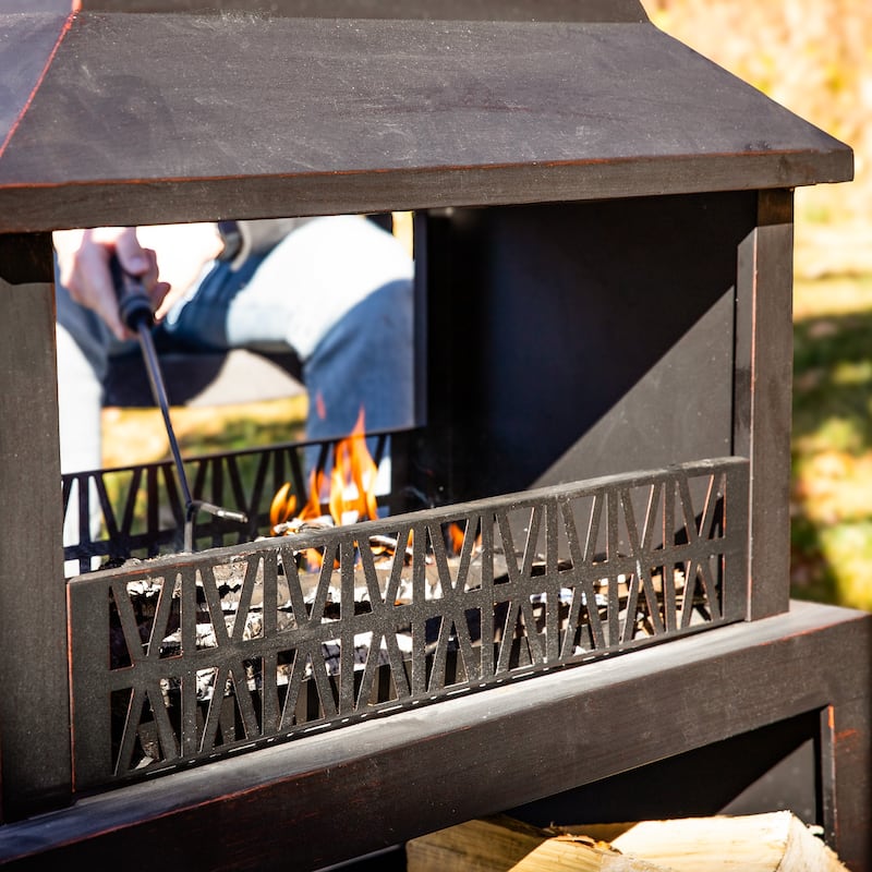 Bronze Steel Outdoor Fireplace with Log Storage - 35" H