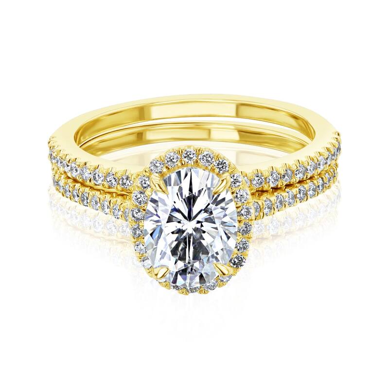 Kobelli Petite Collection 1.86 Carats Moissanite & Natural Diamond 14k Solid Gold Oval Halo Half Eternity Capri Bridal Set - 4.5 - Yellow
