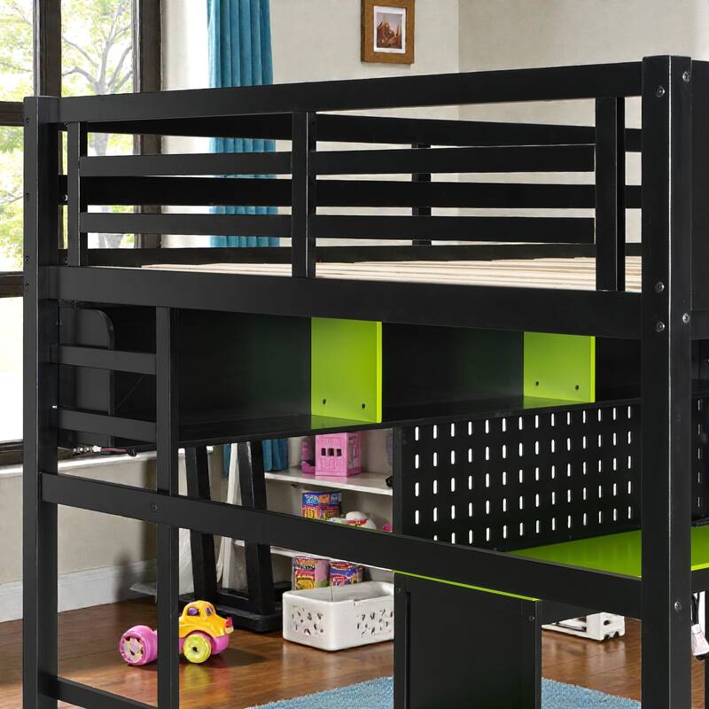 Full Size Wood Loft Bed with Desk, Shelves, LED Lights, USB Ports, Pegboard & Space-Saving Storage Design