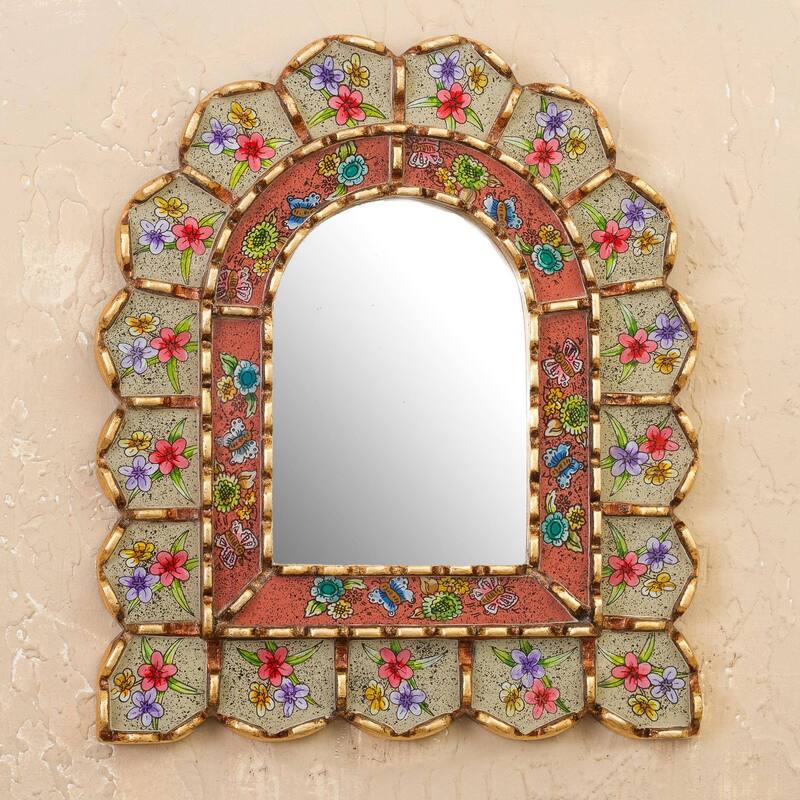 NOVICA Sweet Arrangement Bronze Gilded Reverse-Painted Glass Wall Mirror