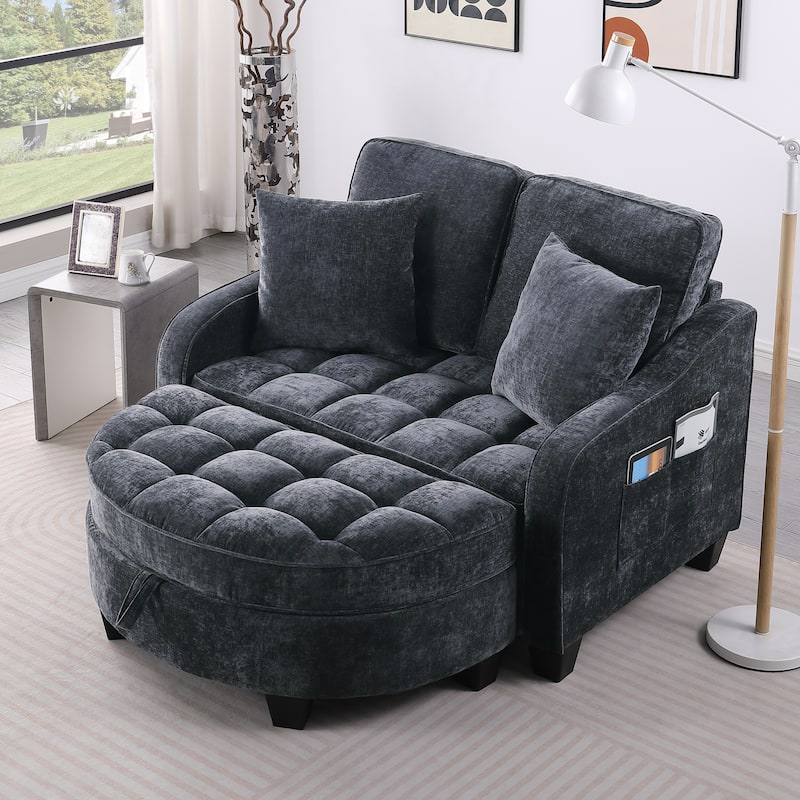 Roomfitters Two-Seater Sofa Chaise with Storage Ottoman, Irregular Armrests and Backrest, Upholstered Sofa with Pillows - Black