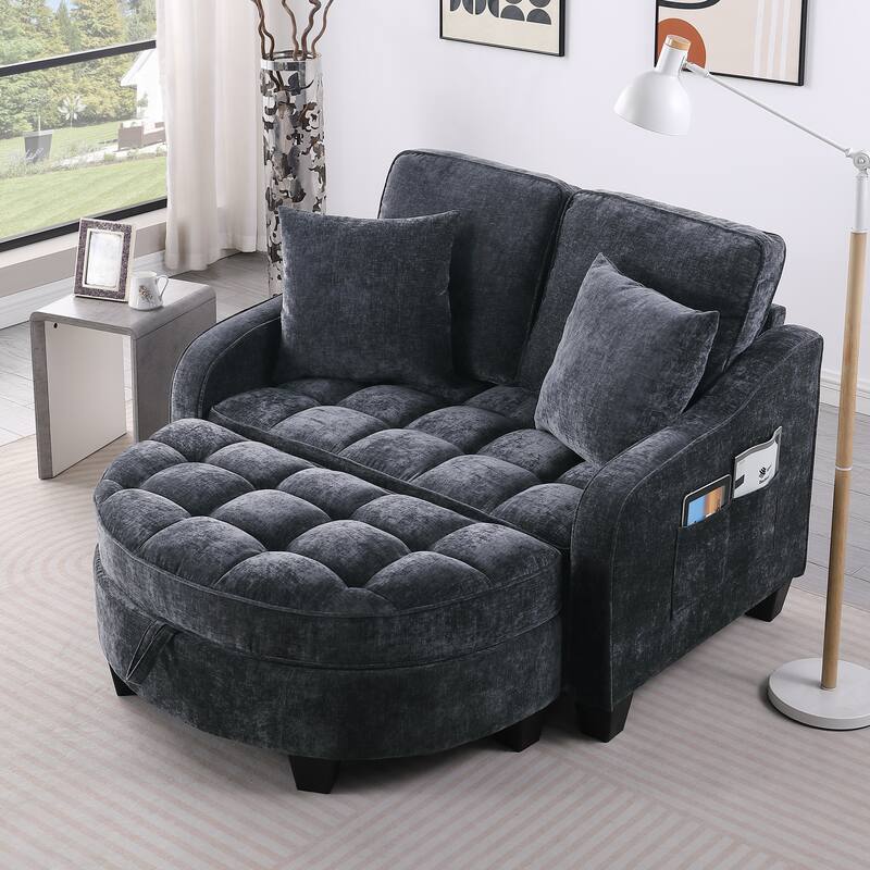 Two-Seater Chaise Lounge with Storage Footrest and Pillows, Irregular Armrest Design - Black