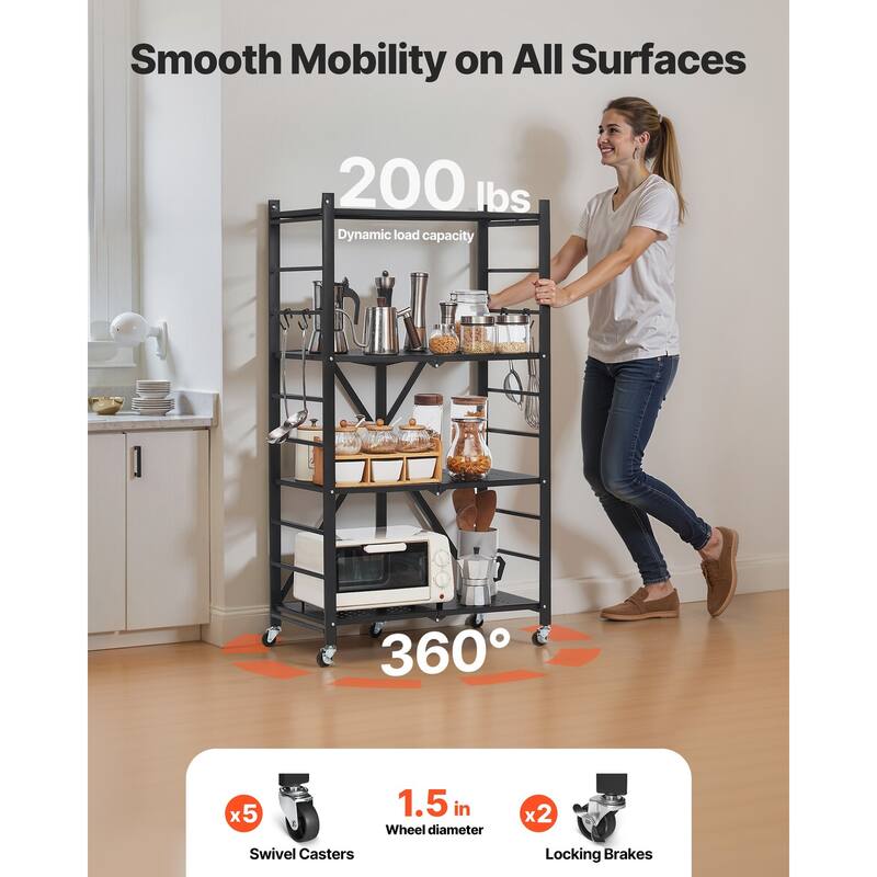 Black Carbon Steel 4 Tier Foldable Garage Storage Shelf with Wheels - 13 x 26 x 46 in