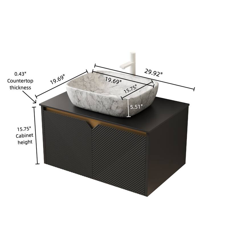 30"/36"/48" Floating Bathroom Vanity with Vessel Sink, Wall Mounted Sintered Stone Countertop Bathroom Storage Cabinet