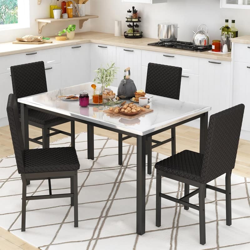 Grondin 5-Piece Dining Room Table Set with Faux Marble Table Top and Diamond Stitching Velvet Upholstery Dining Chairs
