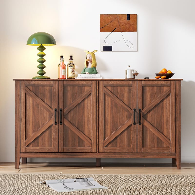 Roomfitters Sideboard Cabinet with 4 Doors and Open Shelves, Freestanding Storage Cabinet, Walnut - Walnut