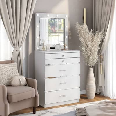 Furniture of America Mary Hollywood Glam Makeup Vanity Chest and Mirror with USBs & Outlets