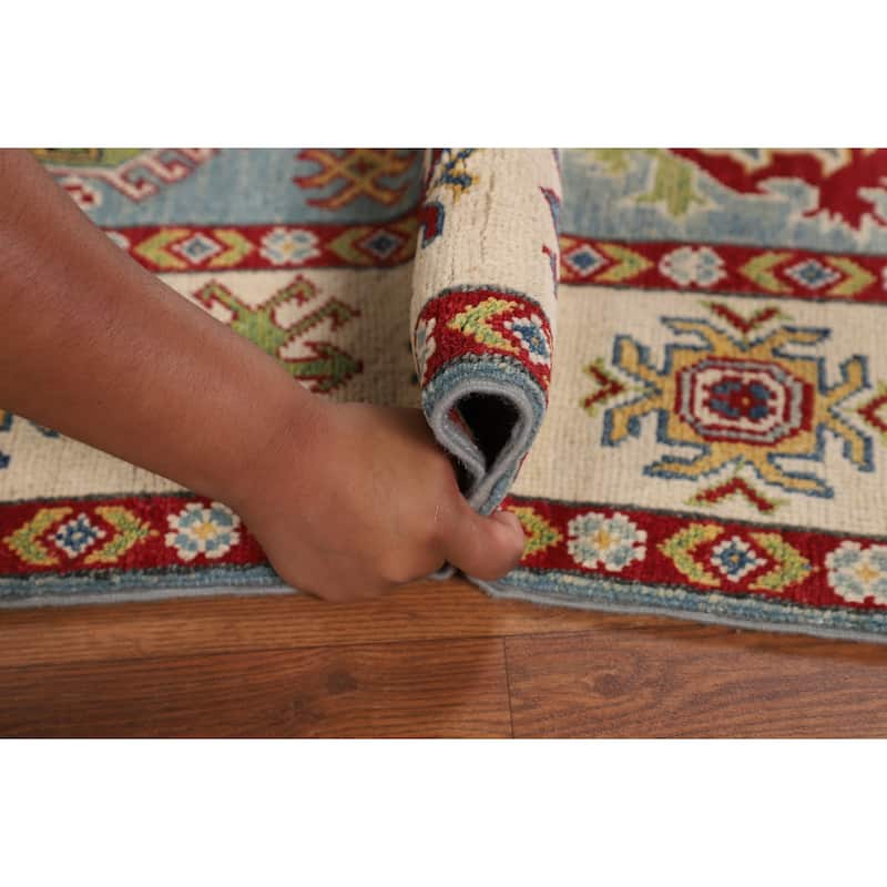 Traditional Light Blue Geometric Kazak Rug Hand-Knotted Wool Carpet - 4'11" x 6'9"