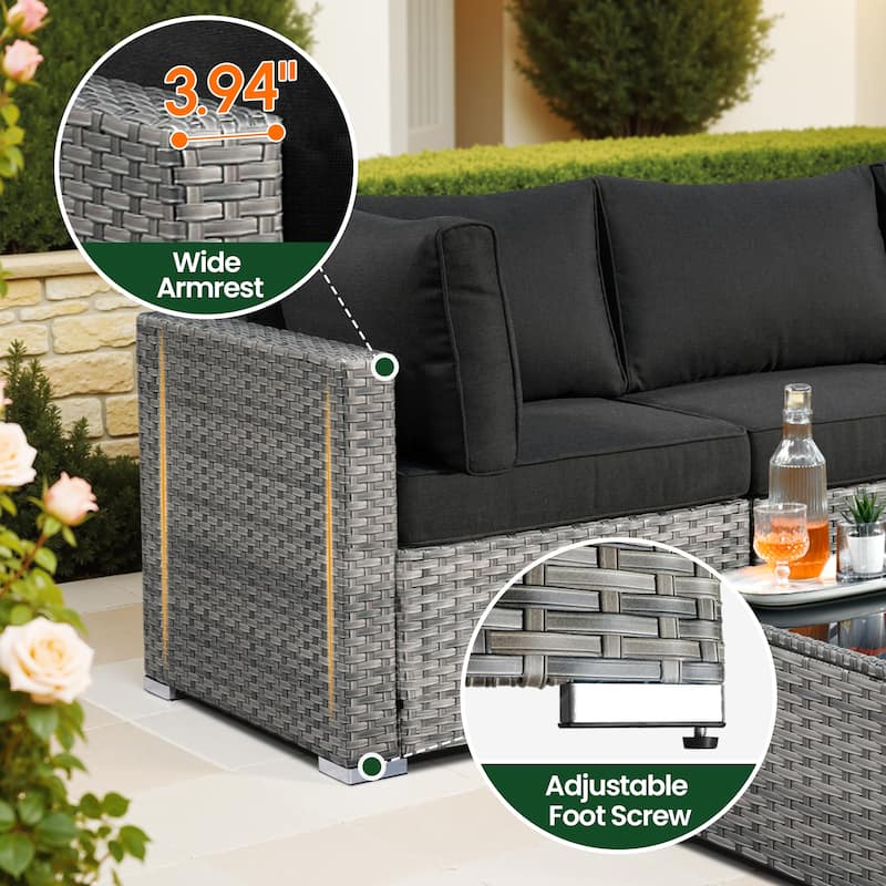 HOOOWOOO 9-piece Grey Wicker Patio Outdoor Sectional Set with Swivel Rocking Chair