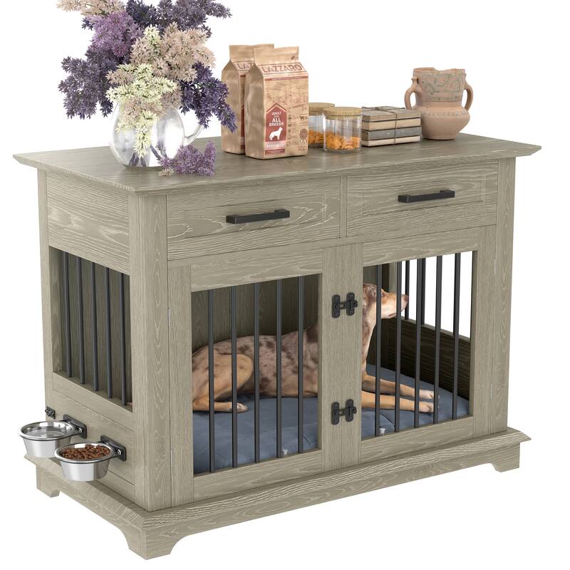 2 Doors Decorative Pet Cage Dog House with 2 Storage Drawers and Rotating Bowls, Wooden Large Dog Crate Furniture