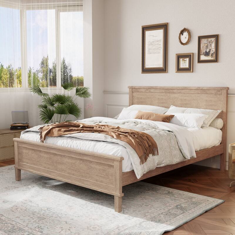 Wood Platform Bed Frame with Headboard, Wooden Panel Bed with Wood Slat Support and Under Bed Storage, No Box Spring Needed