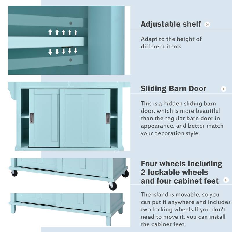 Rolling Kitchen Island with Drop-Leaf Countertop, Adjustable Shelves, 2 Drawers & Sliding Barn Door - Mint Green