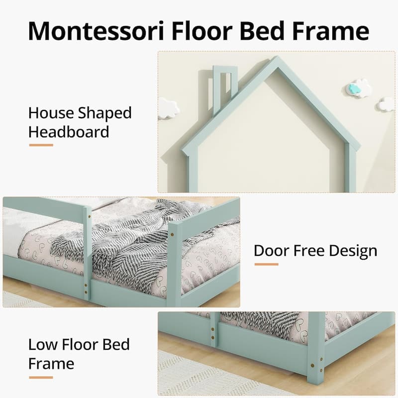 Twin Size House-Shaped Headboard Floor Bed with Fences