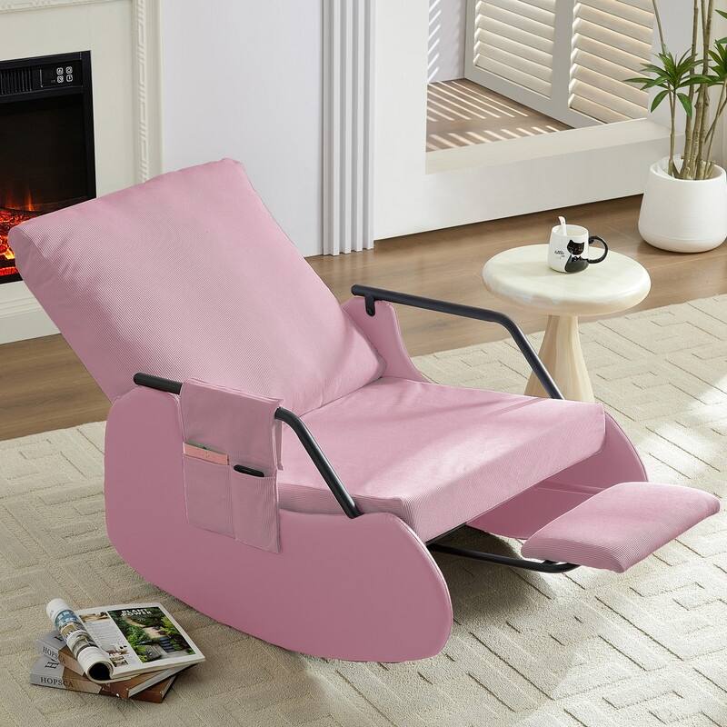 Mixoy Corduroy Upholstered Rocking Chair with Wooden Legs Wrapped in Leather,Adjustable Footrest