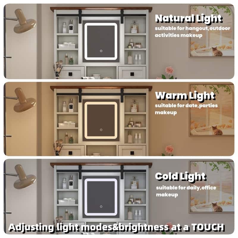 46.5'' Farmhouse Makeup Vanity Desk with Adjustible LED Lighted Mirror and Charging Station, Stool for Bedroom