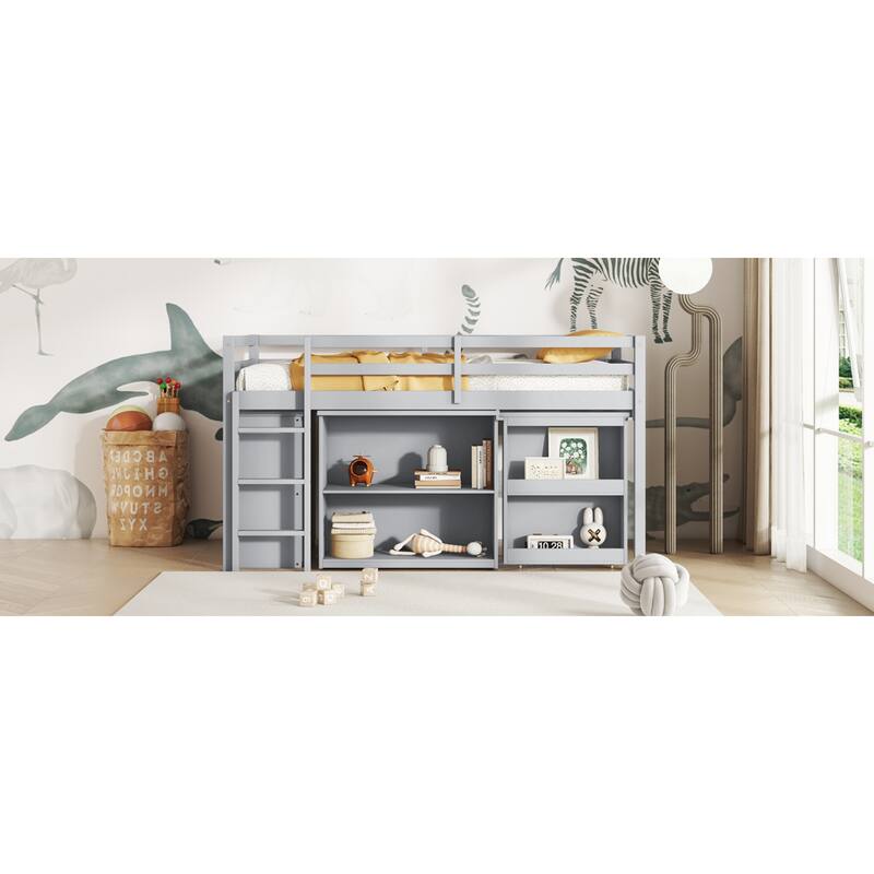 Roomfitters Twin Rubber Wood Loft Bed with Storage Cabinets and Pull-Out Desk, Safety Guardrail and Ladder