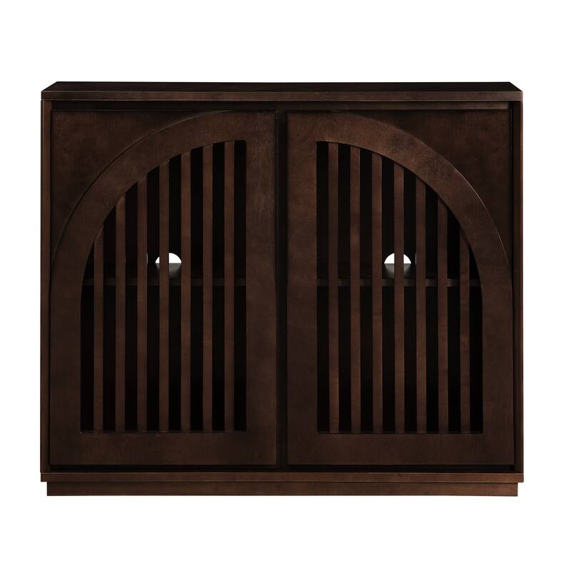 Modern Fluted Wooden Sideboard Cabinet, Multi-functional Narrow Side Cabinet, Storage Cabinet with 2 Doors & Outlet Holes