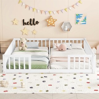 Double Twin Floor Bed with Fence, Guardrails, Without Door