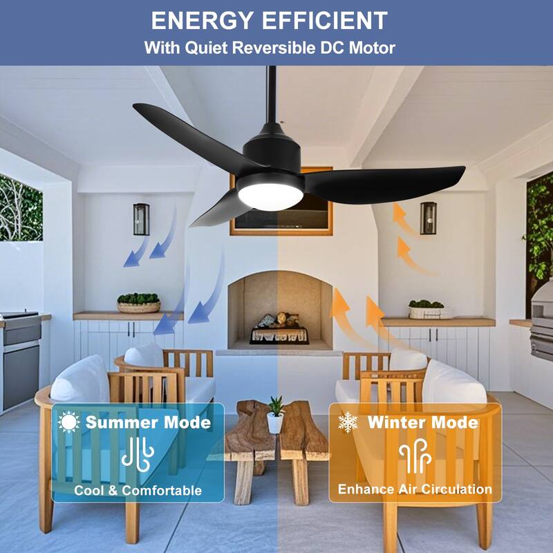 Outdoor Ceiling Fan with Light: 42-52 Inch Hanging - Plug in Waterproof Fans for Patio - Dimmable Remote App Control Black
