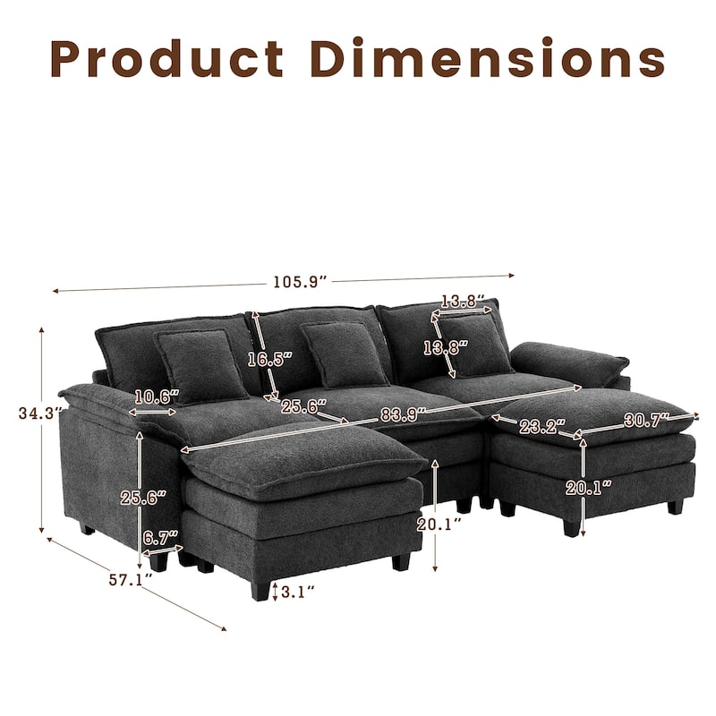 Modular Chenille Sectional Sofa with Ottomans, Deep Seat, Wide Padded Armrests, 2-Seat / 3-Seat / 4-Seat Options