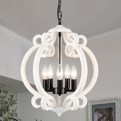 15.75“ 5-Light Rustic Pendant Light, Wood Ceiling Light Farmhouse Shabby Chic Chandelier, Classic Semi Flush Mount Chandelier