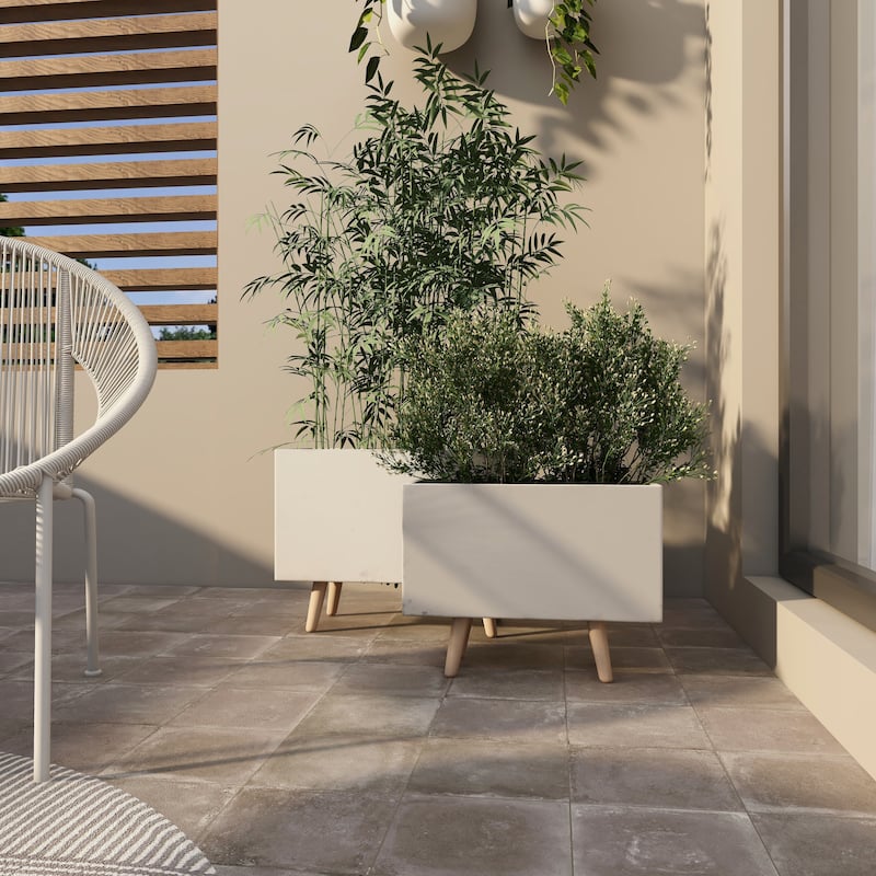 Fiberclay Ceramic Rectangular Indoor Outdoor Planter with Brown Wooden Legs - Set of 2 White - Roche River Decor