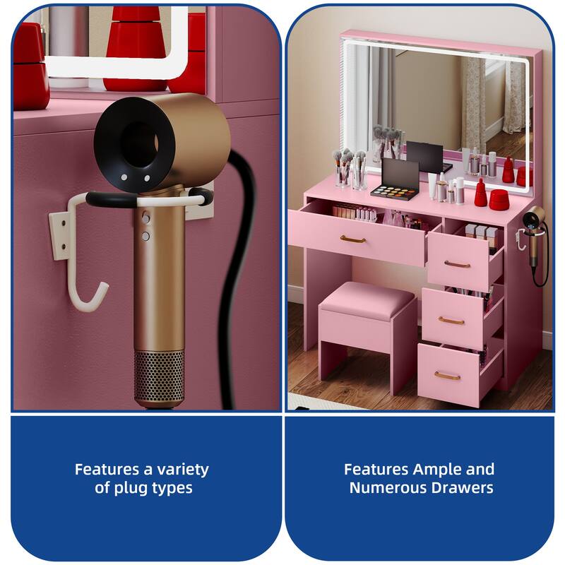Vanity Table with Lighted Mirror and Stool, Makeup Vanity Desk with Charging Station and 4 Drawers for Dressing Room