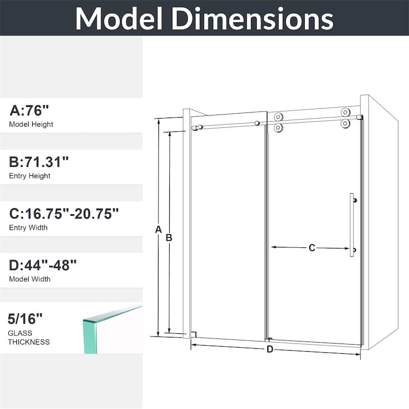 44"-48"W x76" H Frameless Single Sliding Shower Door