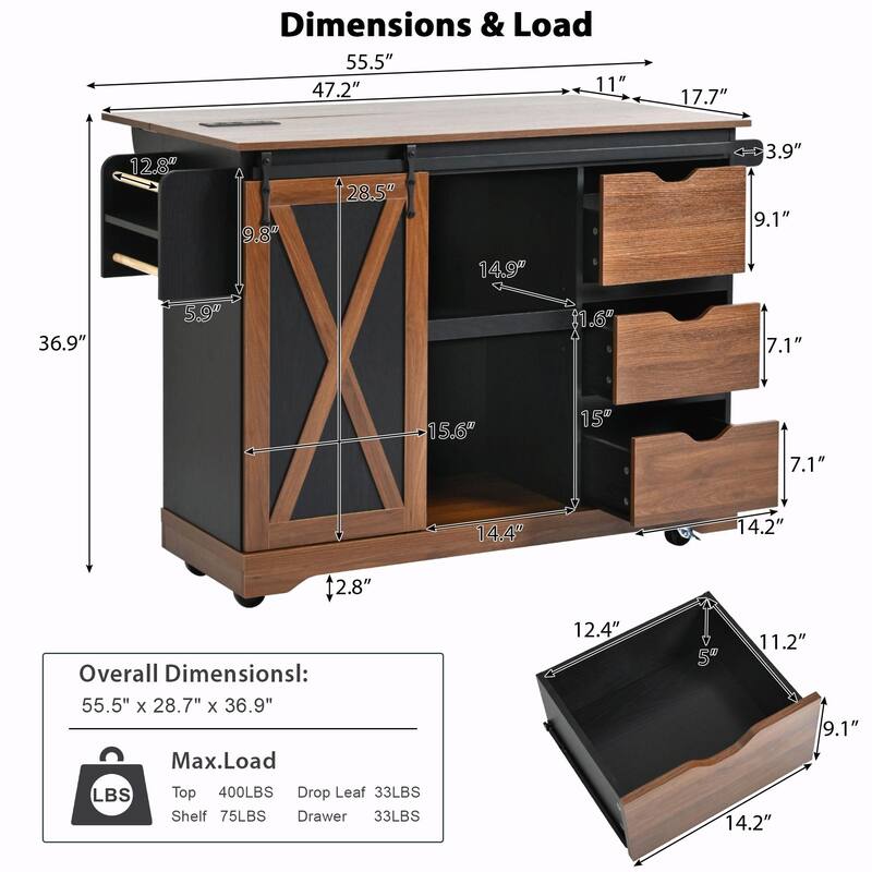 55.5" Farmhouse Kitchen Island with Drop Leaf, Barn Door Storage, Power Outlet