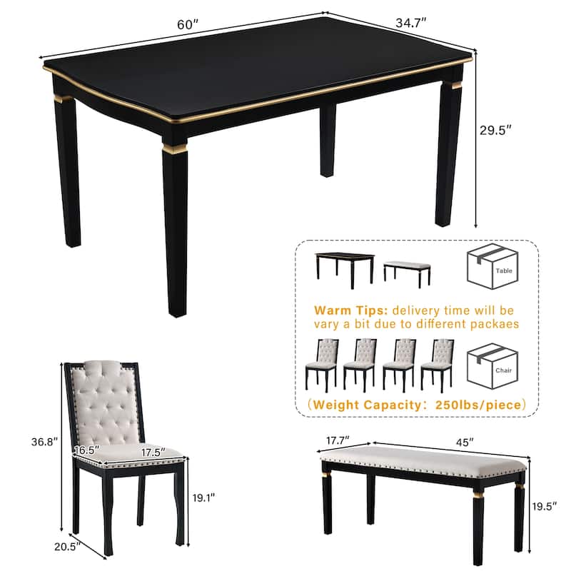 Roomfitters 6-Piece Kitchen Dining Table Set, 60 Inch Rectangular Table with 4 Tufted High-Back Chairs and Bench